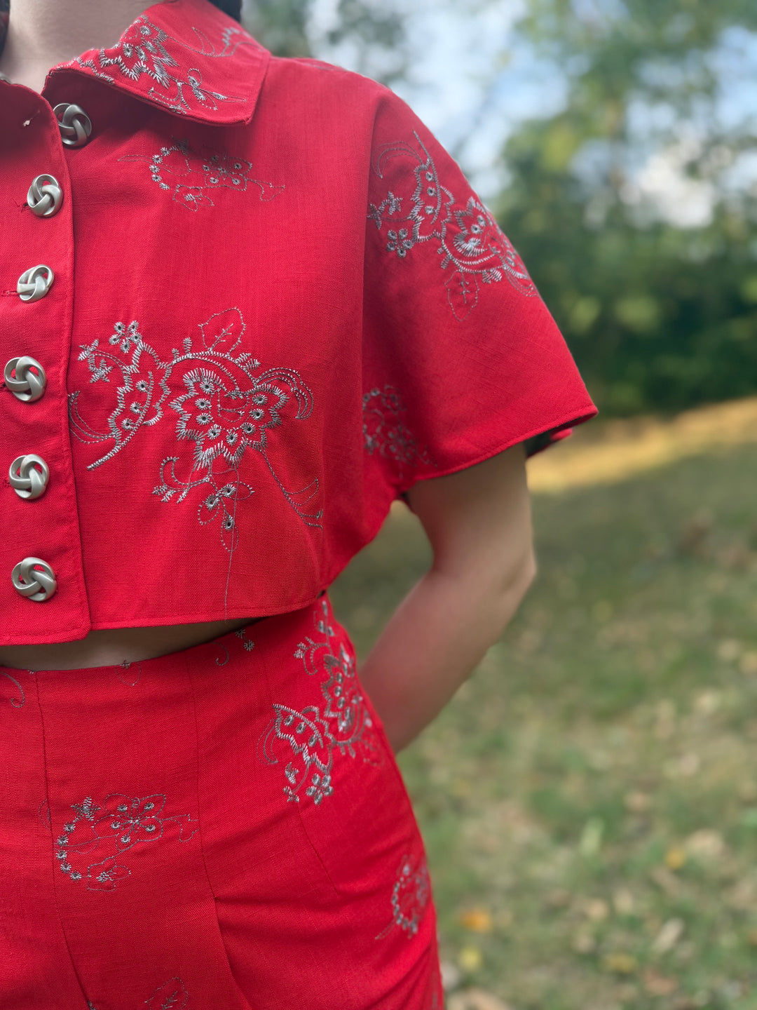 Red Silver Cotton Floral Embroidred Pantsuit