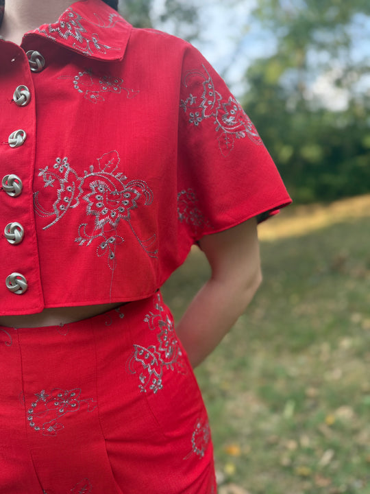 Red Silver Cotton Floral Embroidred Pantsuit