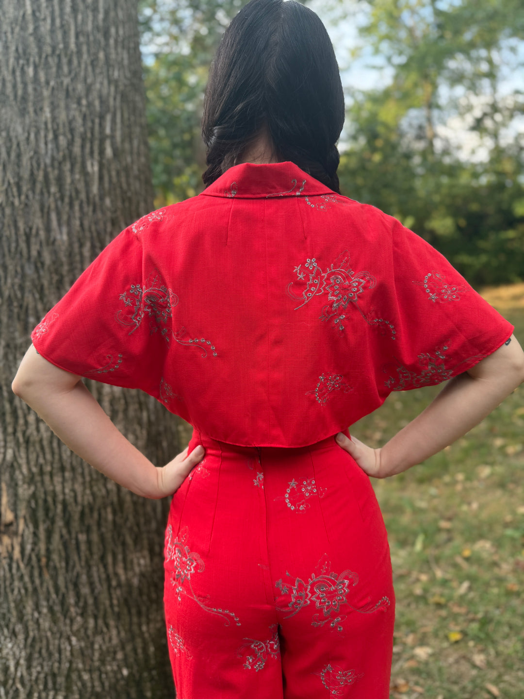 Red Silver Cotton Floral Embroidred Pantsuit