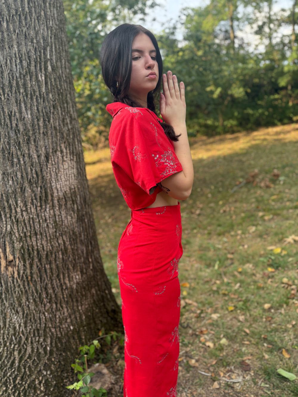 Red Silver Cotton Floral Embroidred Pantsuit