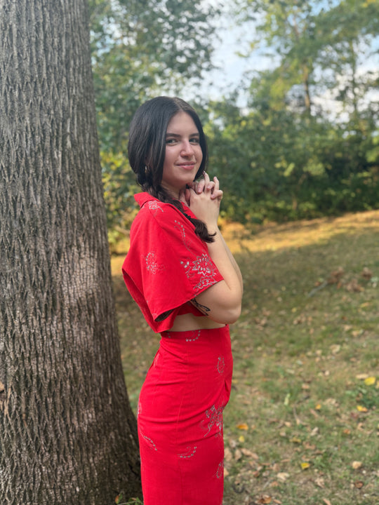 Red Silver Cotton Floral Embroidred Pantsuit