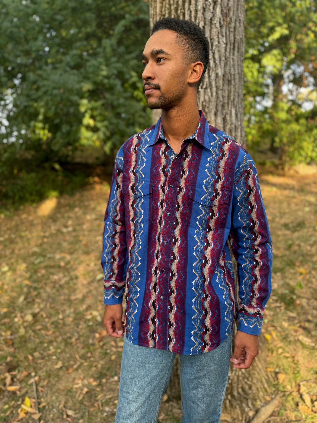 Mens Blue Red Black Southwest Brushpopper Western Shirt, Wrangler