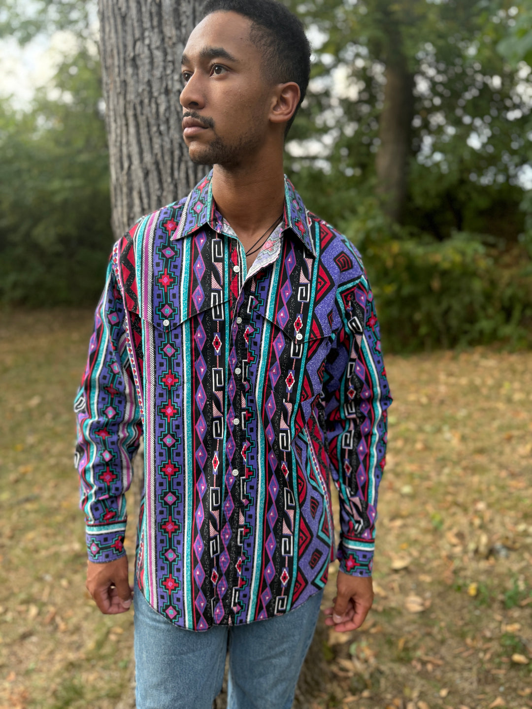 Men's 80s Purple Red Turquoise Brushpopper Western Shirt, Wrangler