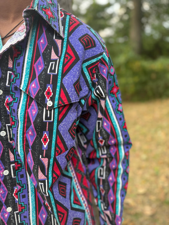 Men's 80s Purple Red Turquoise Brushpopper Western Shirt, Wrangler