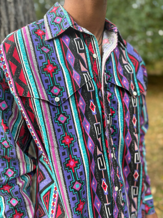 Men's 80s Purple Red Turquoise Brushpopper Western Shirt, Wrangler