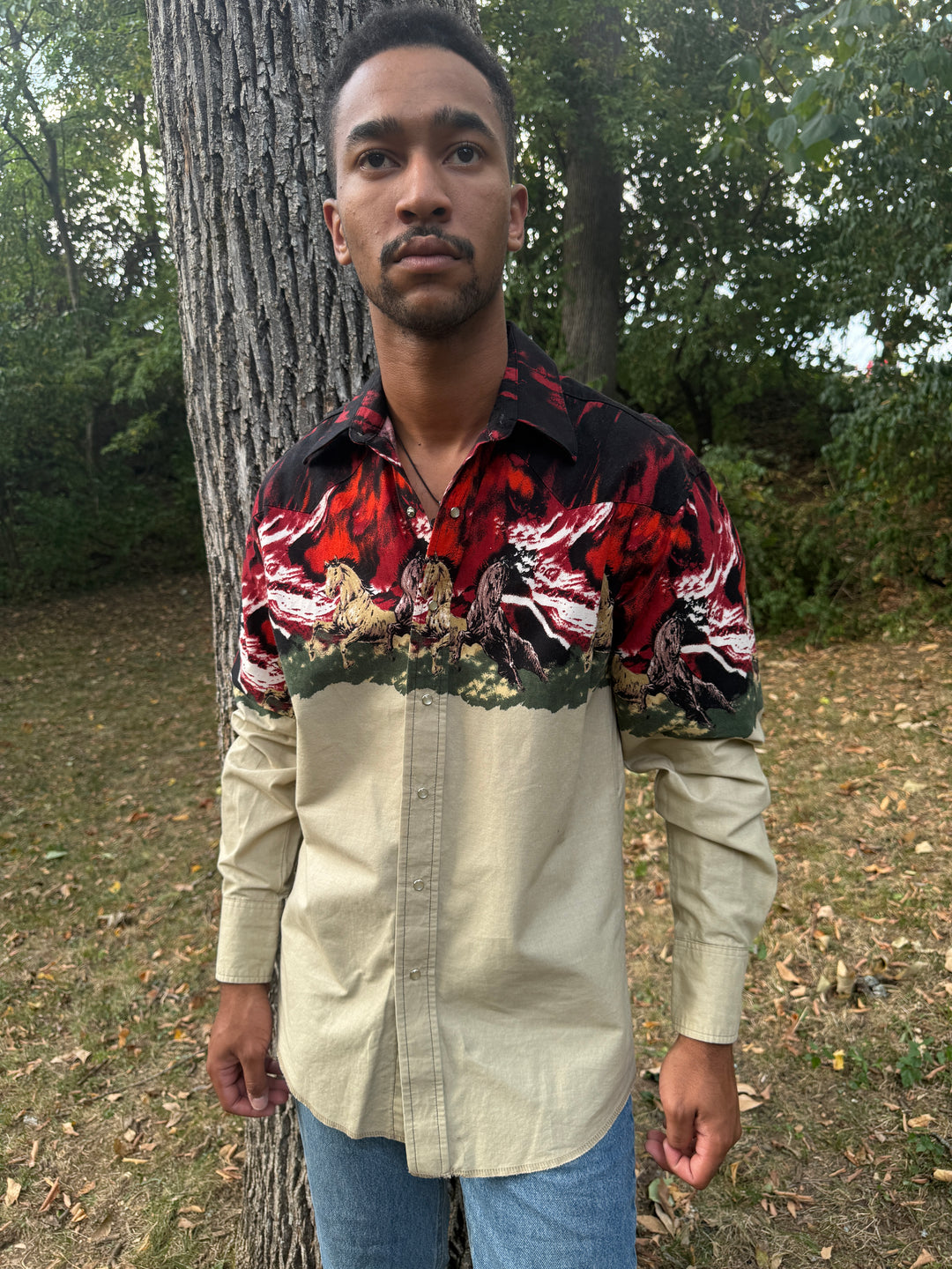 Men's Tan Red Western Shirt with Running Horses, Wrangler