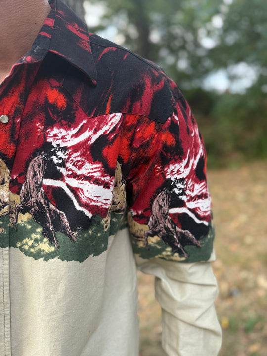 Men's Tan Red Western Shirt with Running Horses, Wrangler