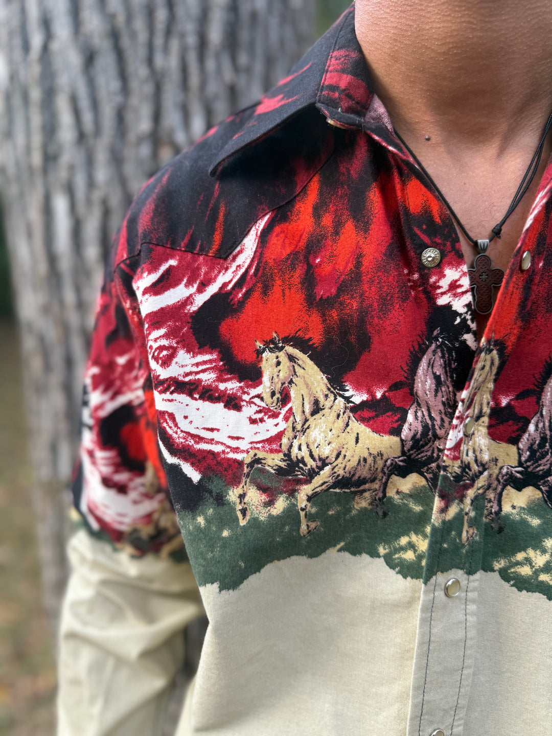 Men's Tan Red Western Shirt with Running Horses, Wrangler