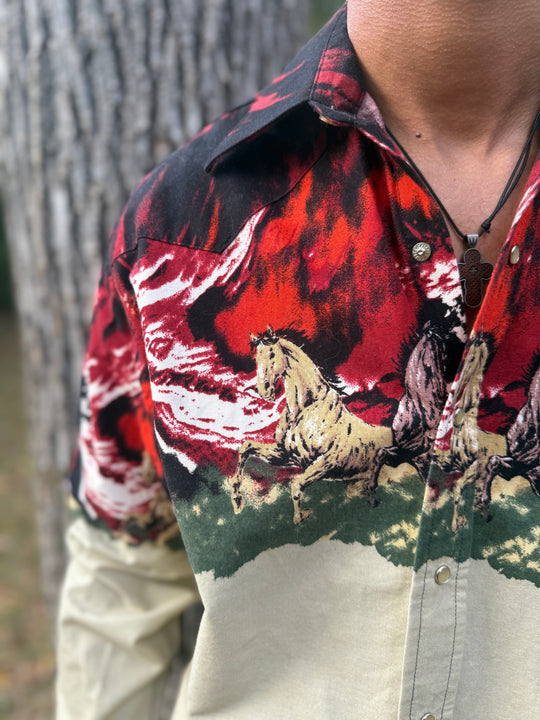 Men's Tan Red Western Shirt with Running Horses, Wrangler
