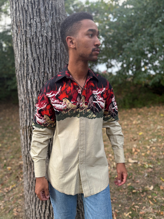 Men's Tan Red Western Shirt with Running Horses, Wrangler