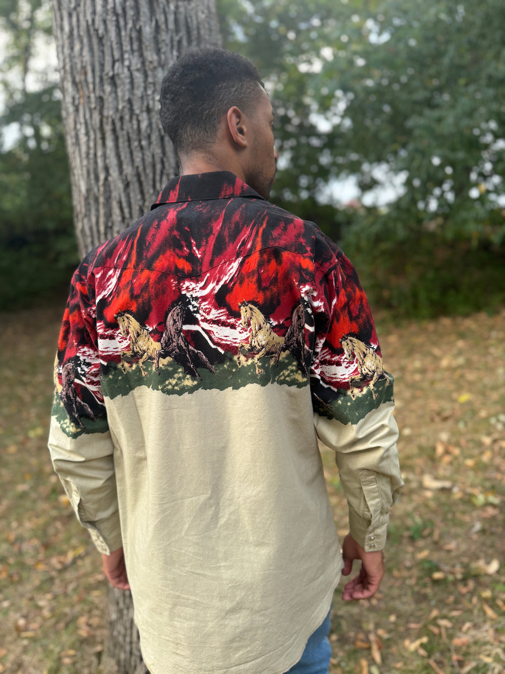 Men's Tan Red Western Shirt with Running Horses, Wrangler