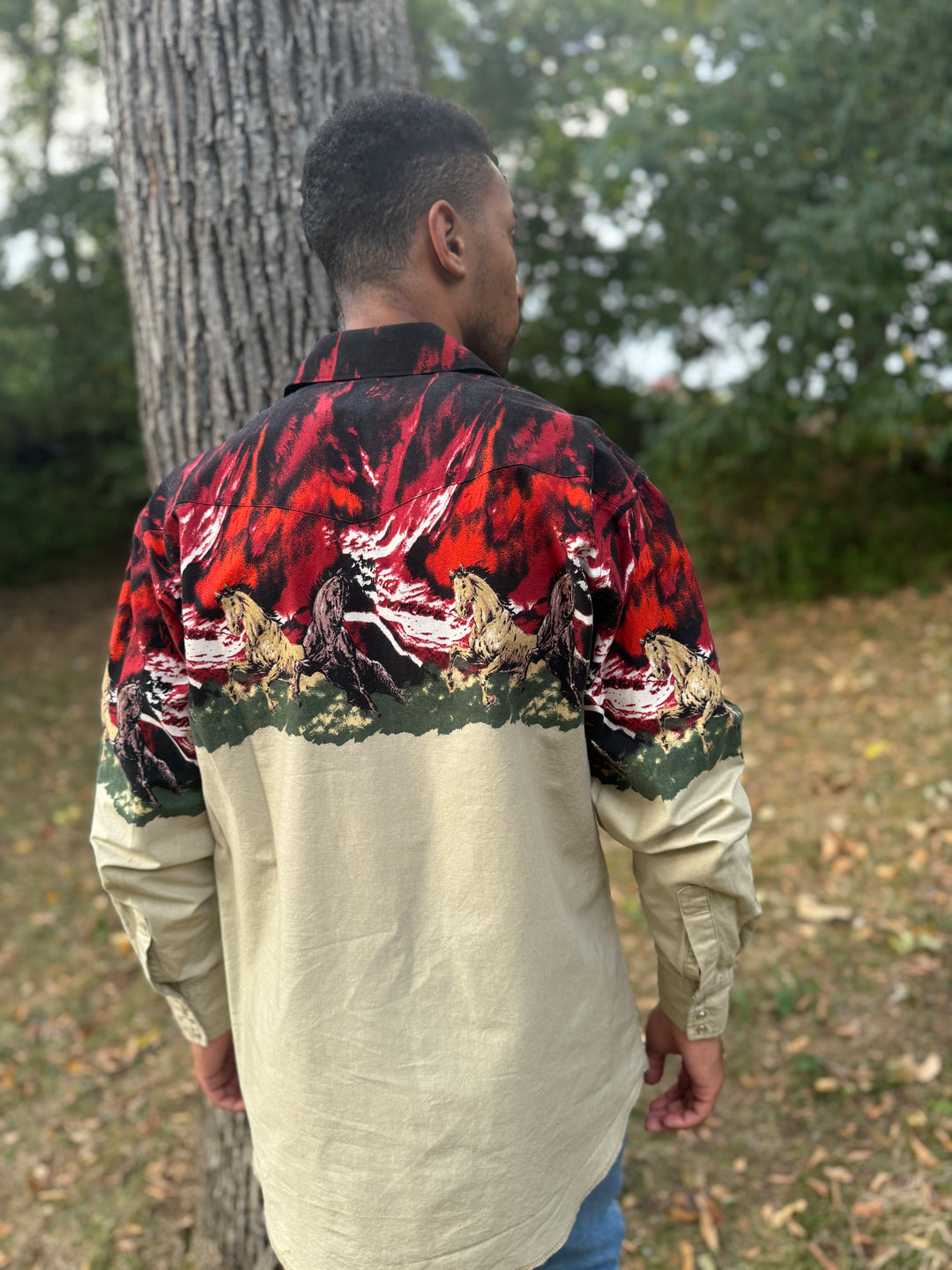 Men's Tan Red Western Shirt with Running Horses, Wrangler