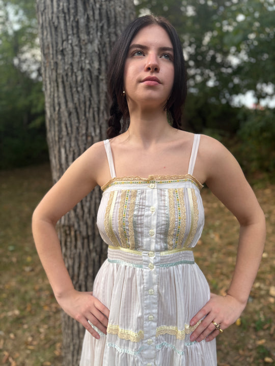 70s Off White Sundress, Pastel Trim, Gunne Sax