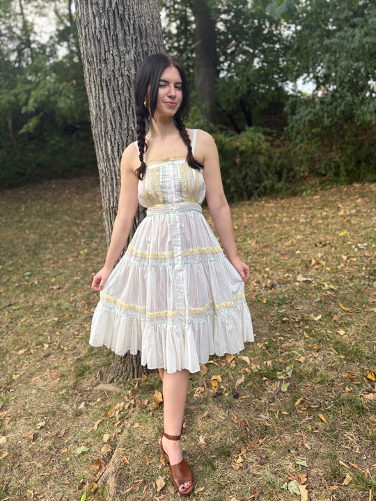 70s Off White Sundress, Pastel Trim, Gunne Sax