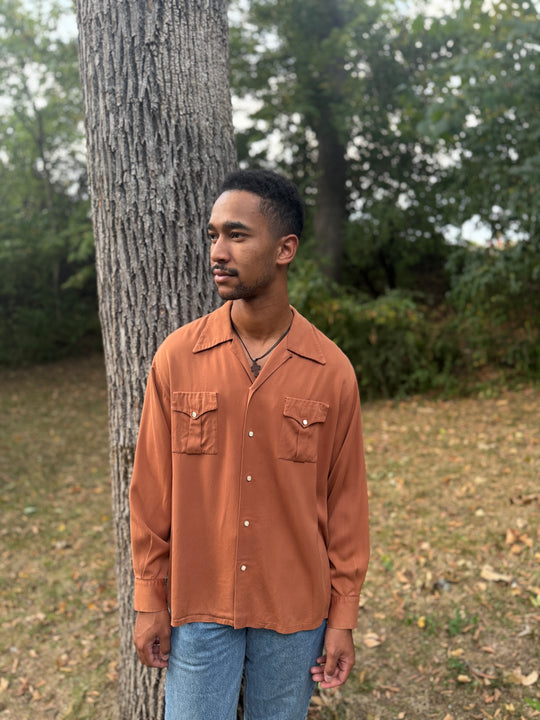 40s Brown Long Sleeved Gabardine Shirt by Skyline
