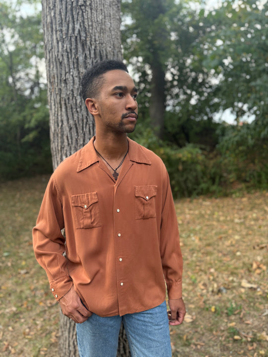 40s Brown Long Sleeved Gabardine Shirt by Skyline
