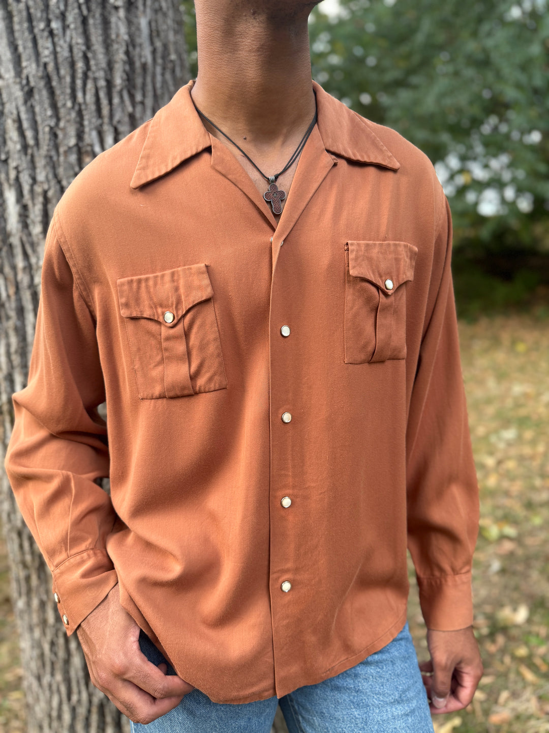 40s Brown Long Sleeved Gabardine Shirt by Skyline