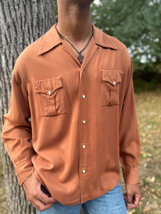 40s Brown Long Sleeved Gabardine Shirt by Skyline