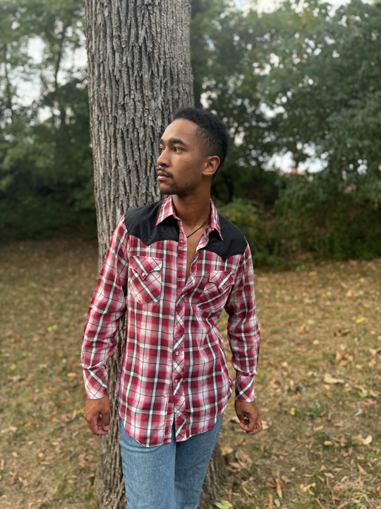 Men's Red Plaid Western Shirt with Black Yoke, Shepler's