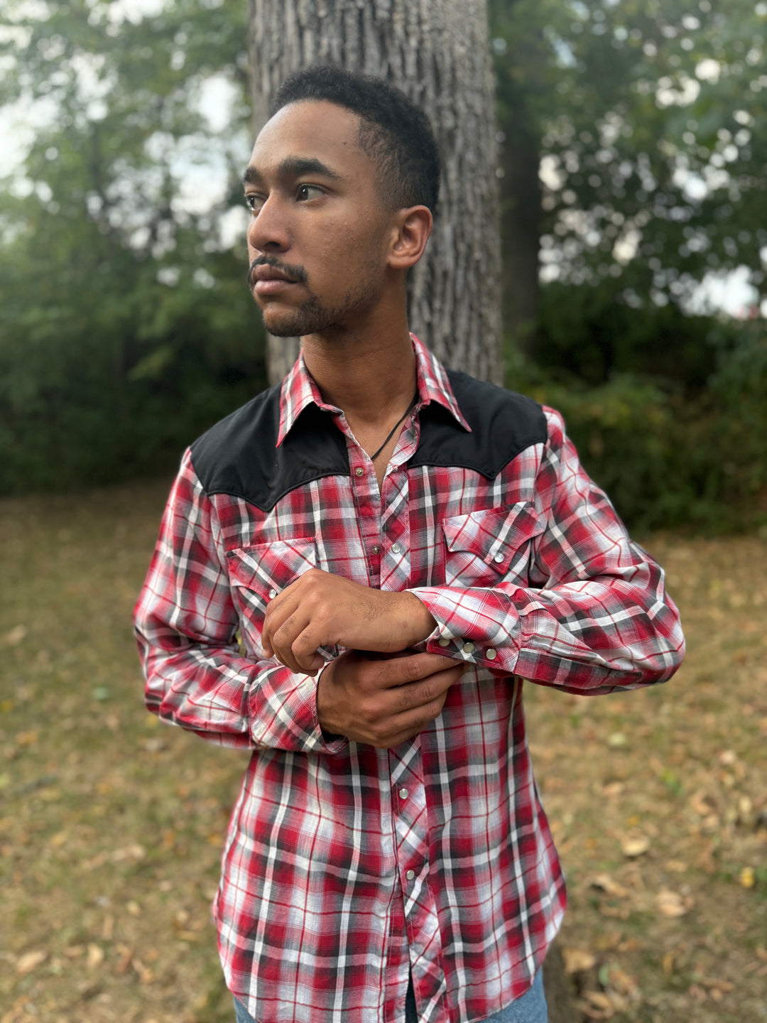 Men's Red Plaid Western Shirt with Black Yoke, Shepler's