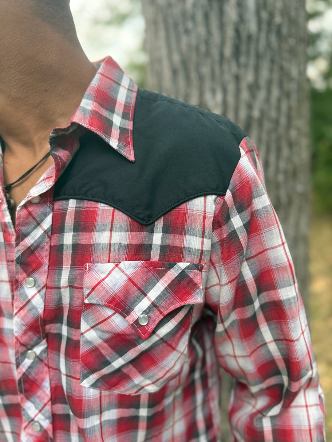 Men's Red Plaid Western Shirt with Black Yoke, Shepler's