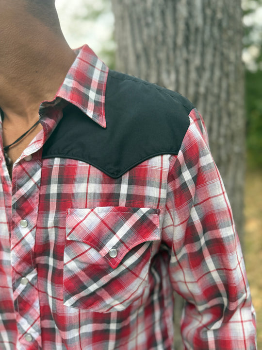 Men's Red Plaid Western Shirt with Black Yoke, Shepler's