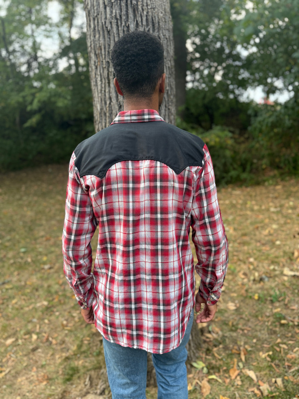 Men's Red Plaid Western Shirt with Black Yoke, Shepler's