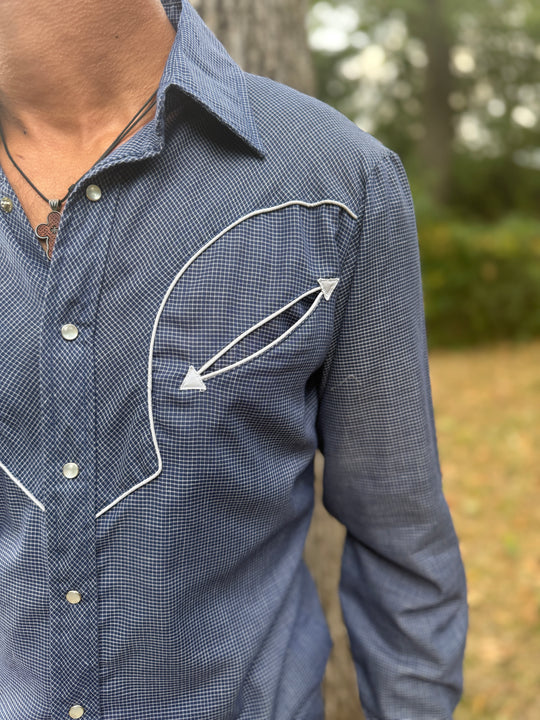 Men's Blue White Grid Pattern Western Shirt Sergio Valente