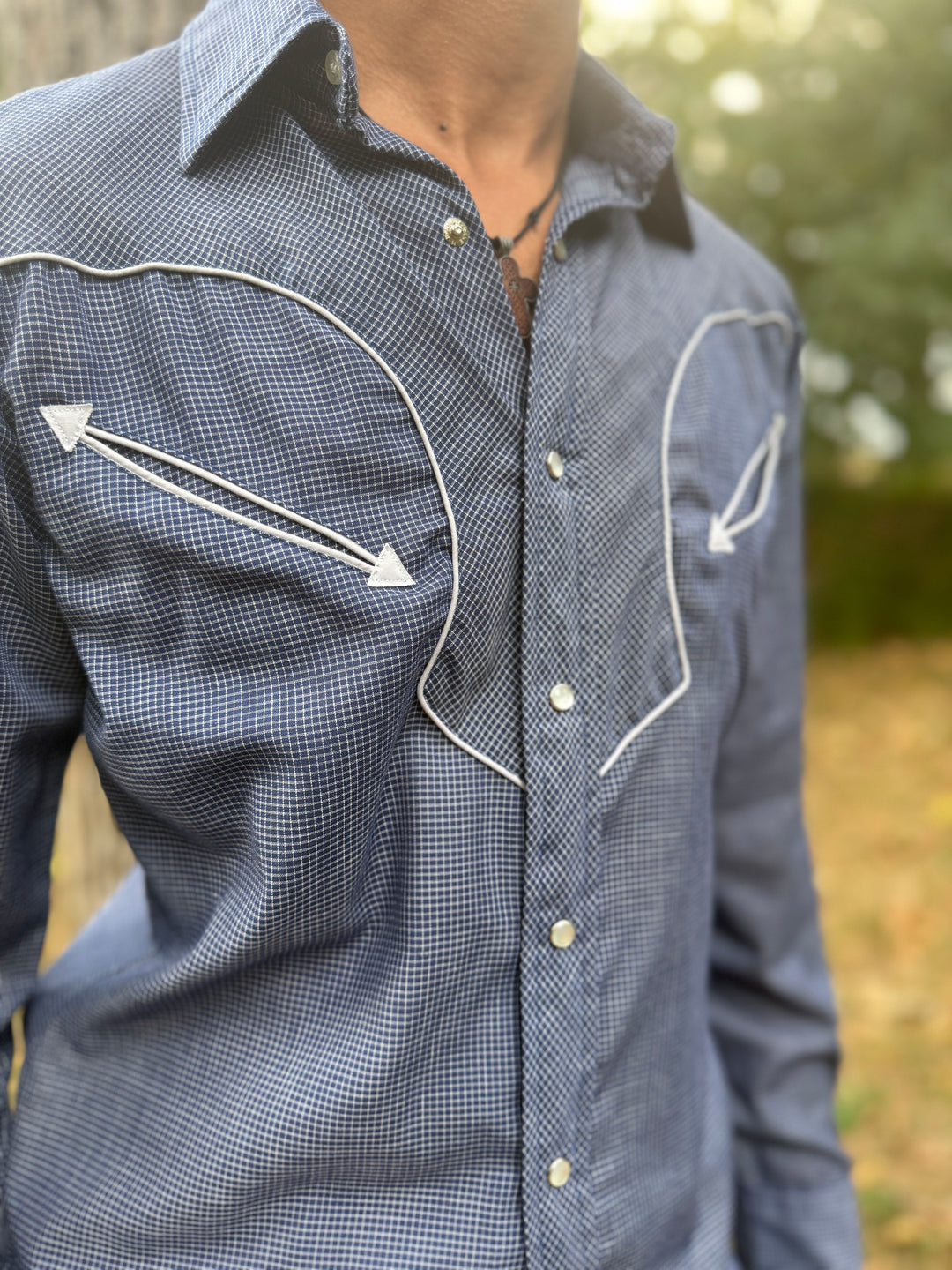 Men's Blue White Grid Pattern Western Shirt Sergio Valente