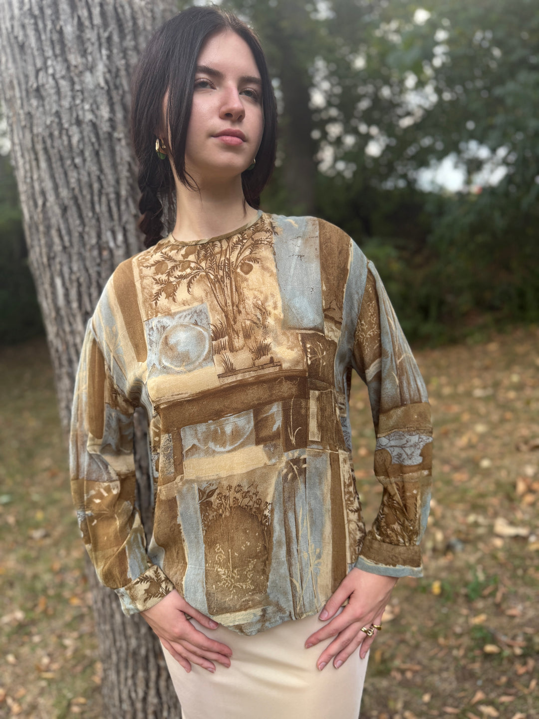 Ladies 80s Brown Gray Silk Crepe Pastel Print Long Sleeved Top, Jax