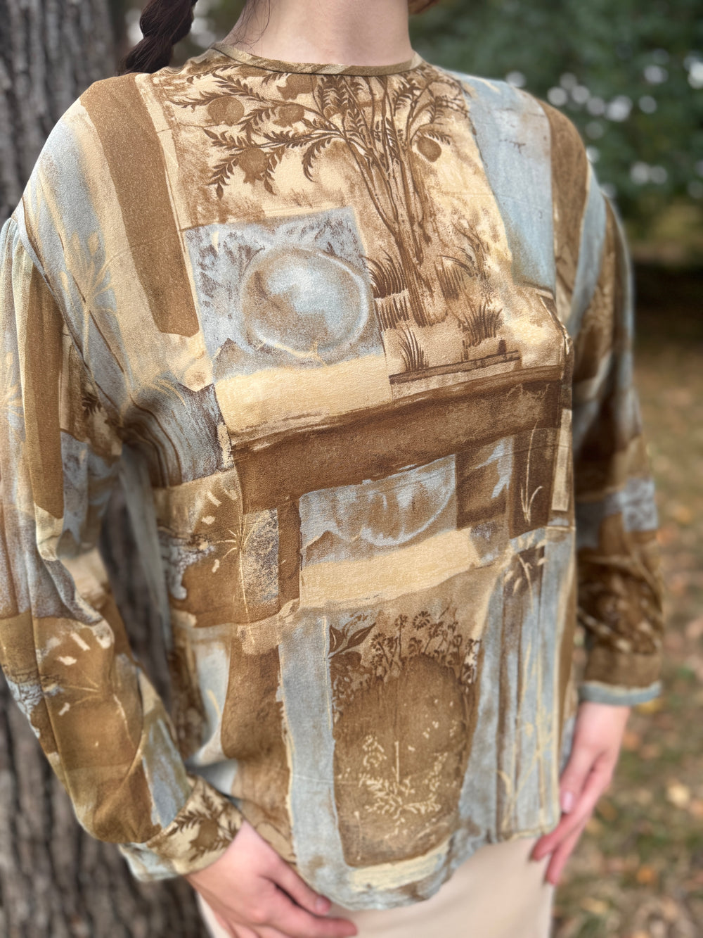 Ladies 80s Brown Gray Silk Crepe Pastel Print Long Sleeved Top, Jax