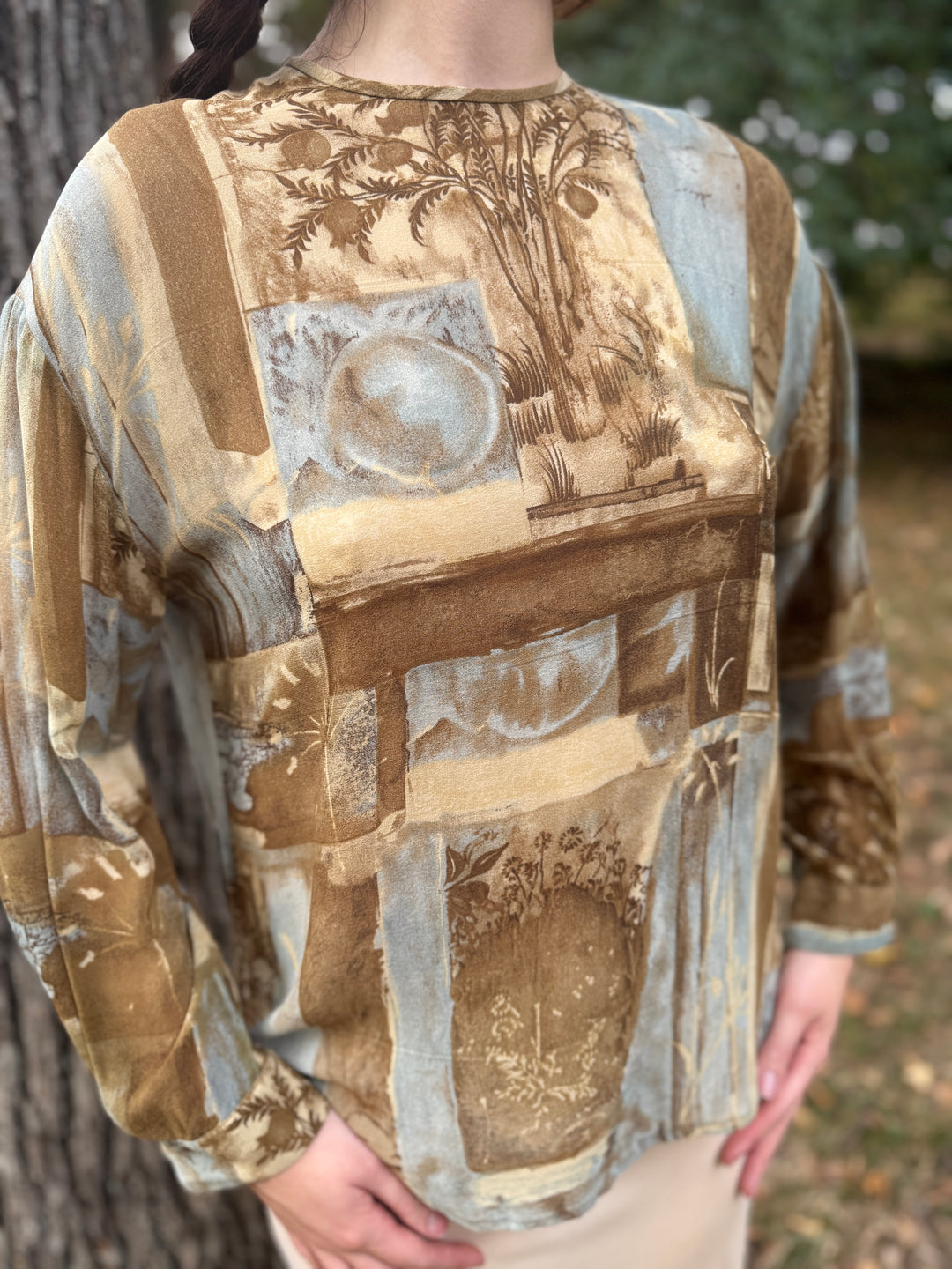 Ladies 80s Brown Gray Silk Crepe Pastel Print Long Sleeved Top, Jax
