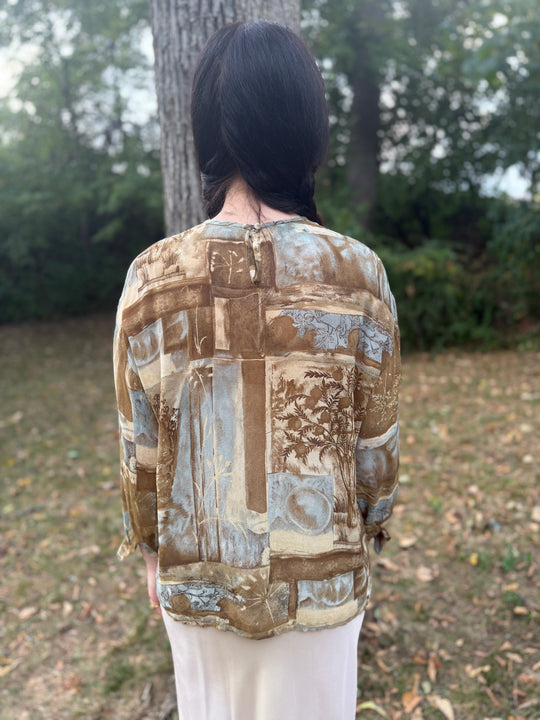 Ladies 80s Brown Gray Silk Crepe Pastel Print Long Sleeved Top, Jax