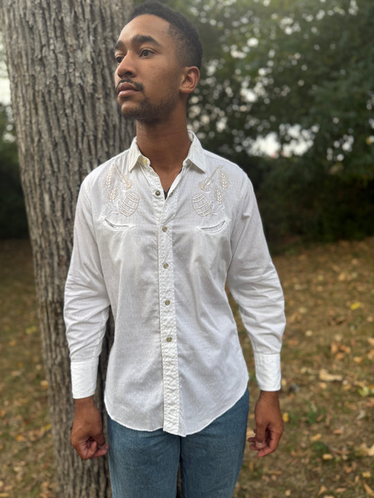 Men's White Diamond Embossed Long Sleeved Western Shirt, H Bar C