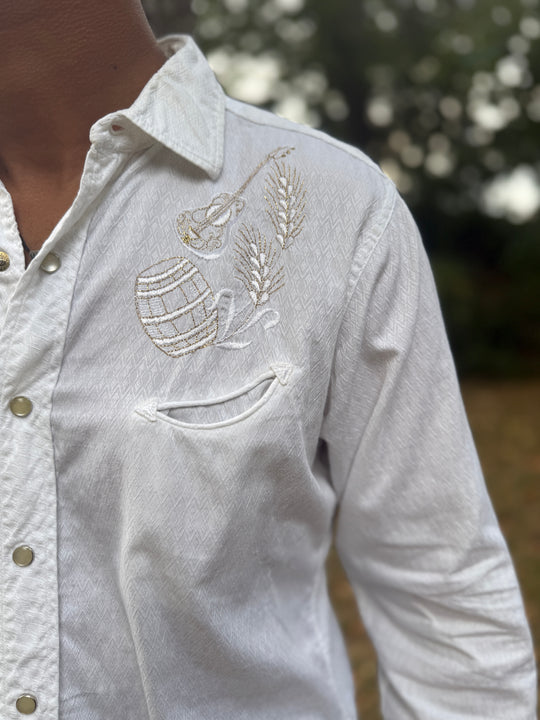 Men's White Diamond Embossed Long Sleeved Western Shirt, H Bar C
