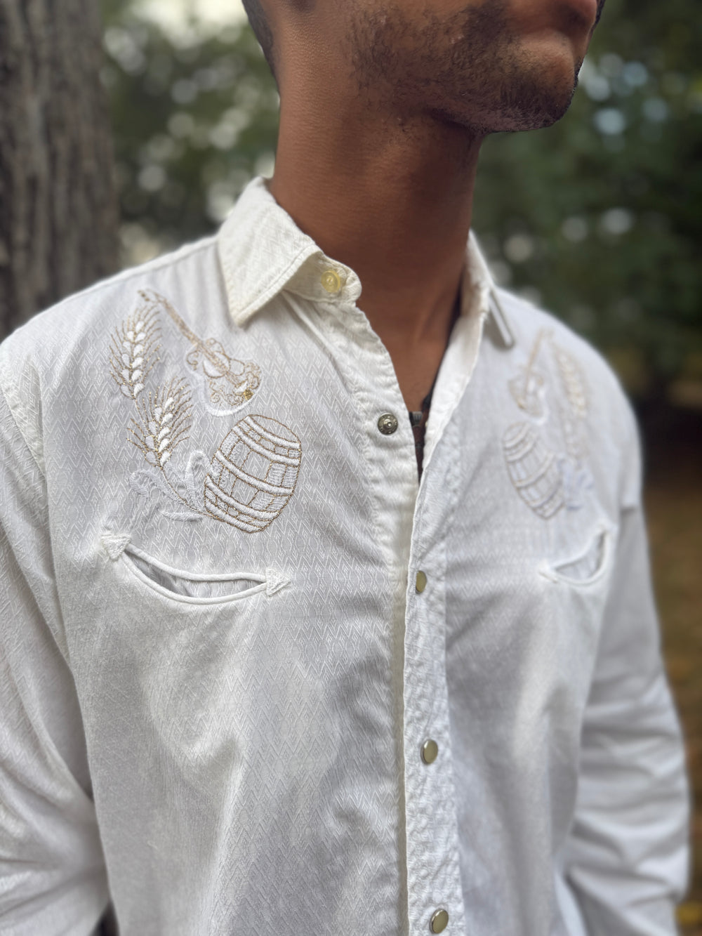 Men's White Diamond Embossed Long Sleeved Western Shirt, H Bar C