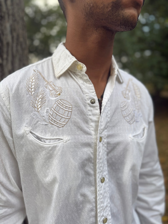 Men's White Diamond Embossed Long Sleeved Western Shirt, H Bar C