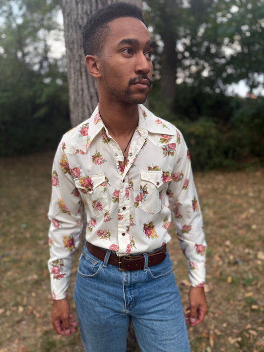 Men's 70s Ivory Floral Polyester Western Shirt Wrangler