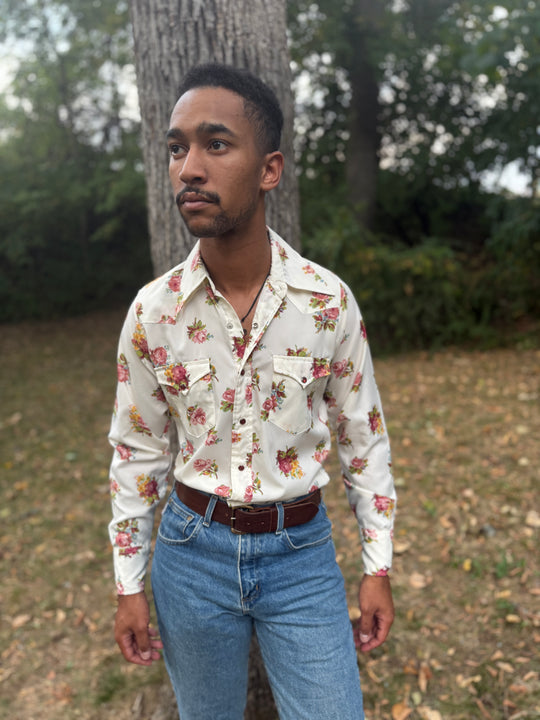 Men's 70s Ivory Floral Polyester Western Shirt Wrangler