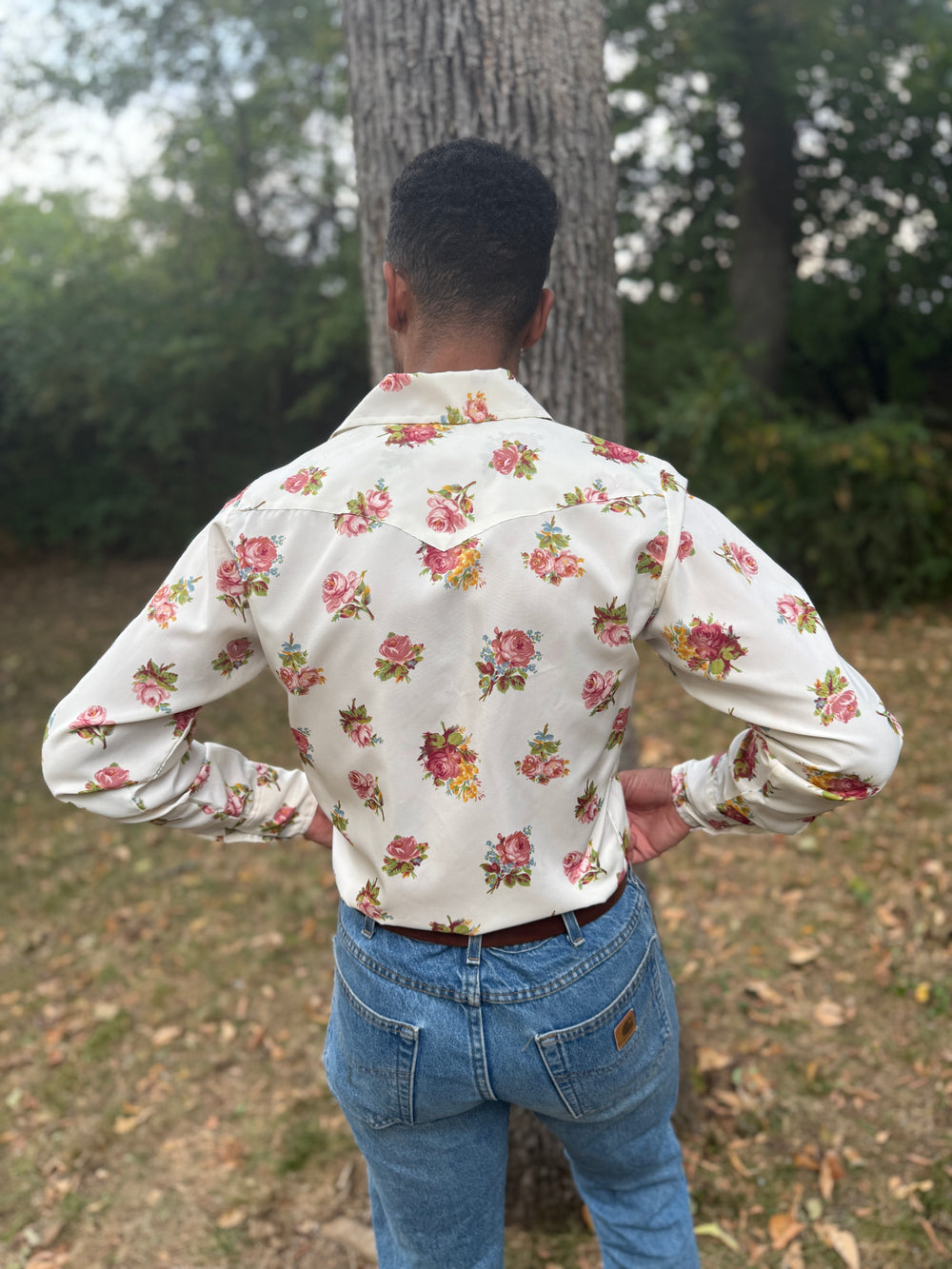 Men's 70s Ivory Floral Polyester Western Shirt Wrangler
