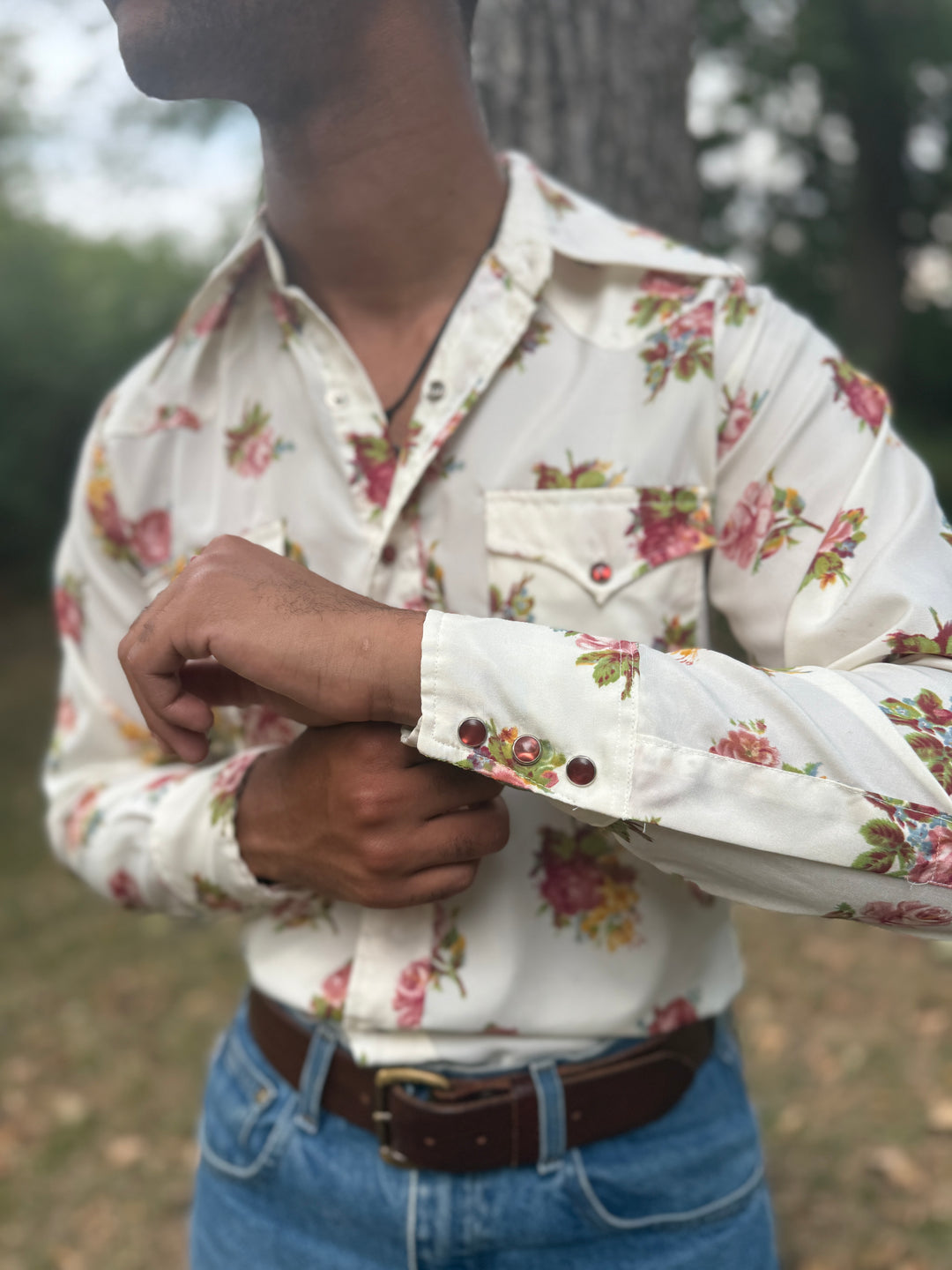 Men's 70s Ivory Floral Polyester Western Shirt Wrangler