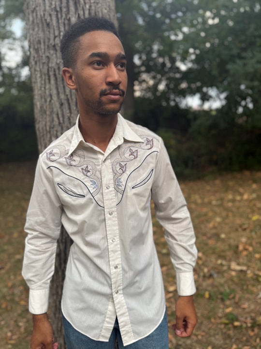Men's 70s Ivory Western Shirt, Embroidered Yoke, Rocking K Ranchwear by Kennington