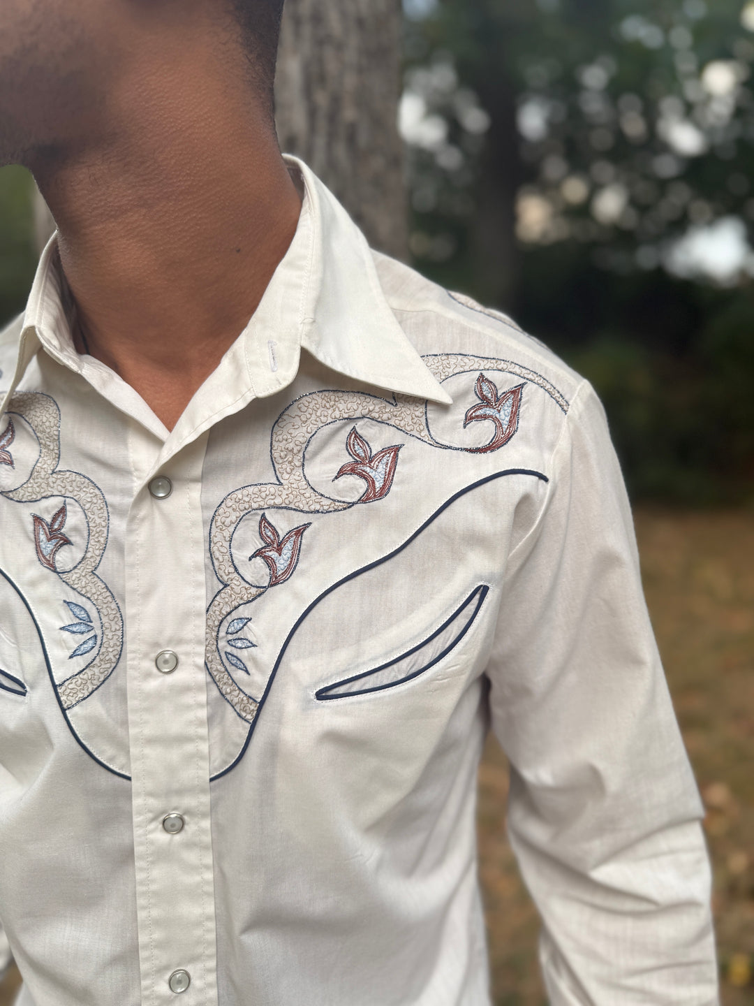 Men's 70s Ivory Western Shirt, Embroidered Yoke, Rocking K Ranchwear by Kennington
