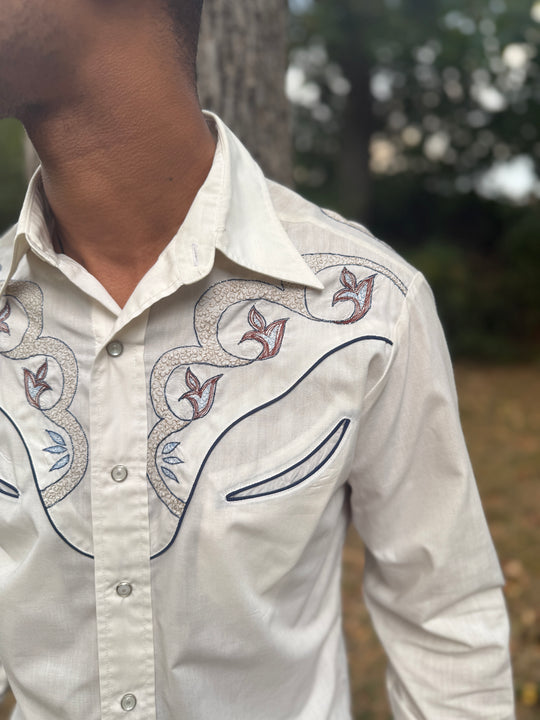 Men's 70s Ivory Western Shirt, Embroidered Yoke, Rocking K Ranchwear by Kennington