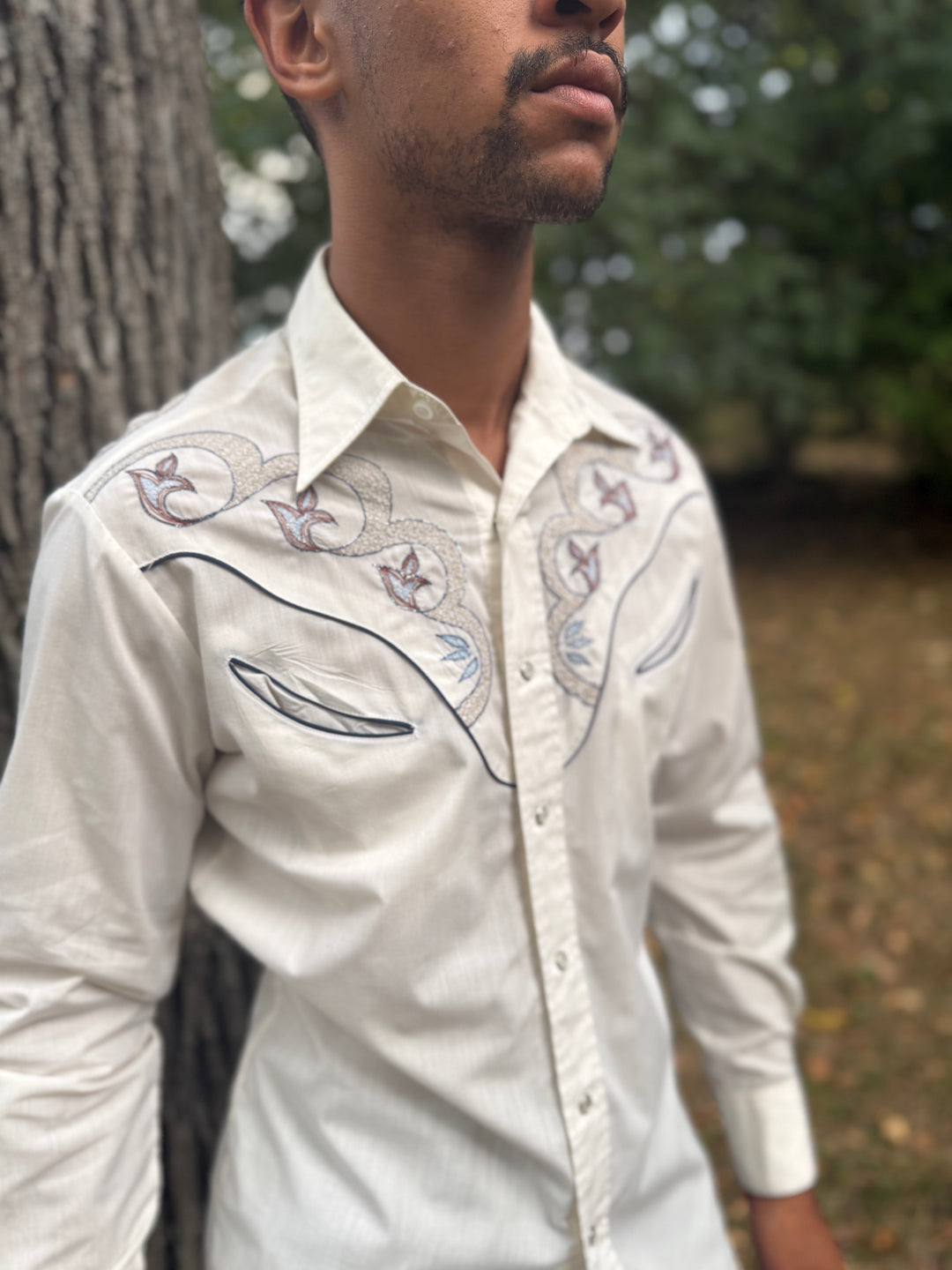 Men's 70s Ivory Western Shirt, Embroidered Yoke, Rocking K Ranchwear by Kennington
