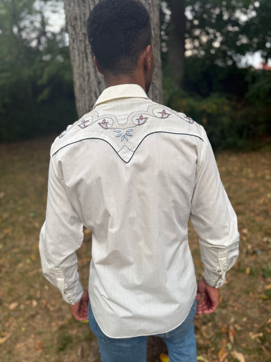 Men's 70s Ivory Western Shirt, Embroidered Yoke, Rocking K Ranchwear by Kennington