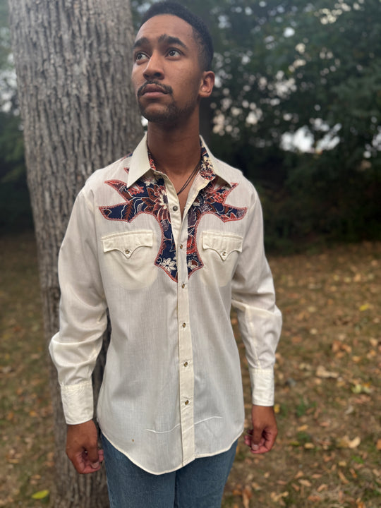 Men's Creme Long Sleeved Western Shirt Blue Brown Floral Yoke, Kenny Rogers