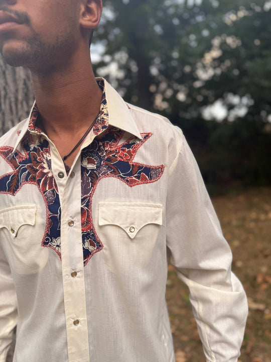 Men's Creme Long Sleeved Western Shirt Blue Brown Floral Yoke, Kenny Rogers