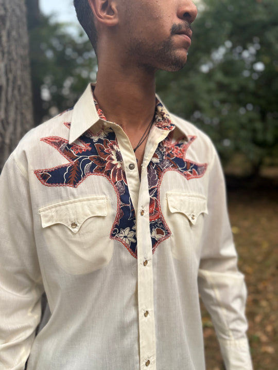 Men's Creme Long Sleeved Western Shirt Blue Brown Floral Yoke, Kenny Rogers