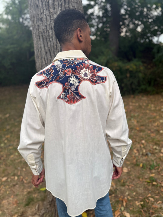 Men's Creme Long Sleeved Western Shirt Blue Brown Floral Yoke, Kenny Rogers